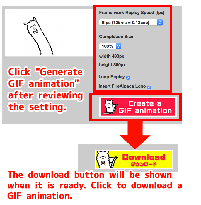 Diagram:Review the setting in the setting window before creating a GIF animation